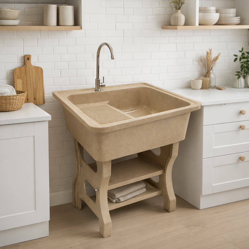 อ่างล้างจานขาตั้ง หินควอตซ์ 1 หลุม 1 ที่พัก DINOSAUR WASHTUB ขนาด 80X70X23ซม. สี SAND_7